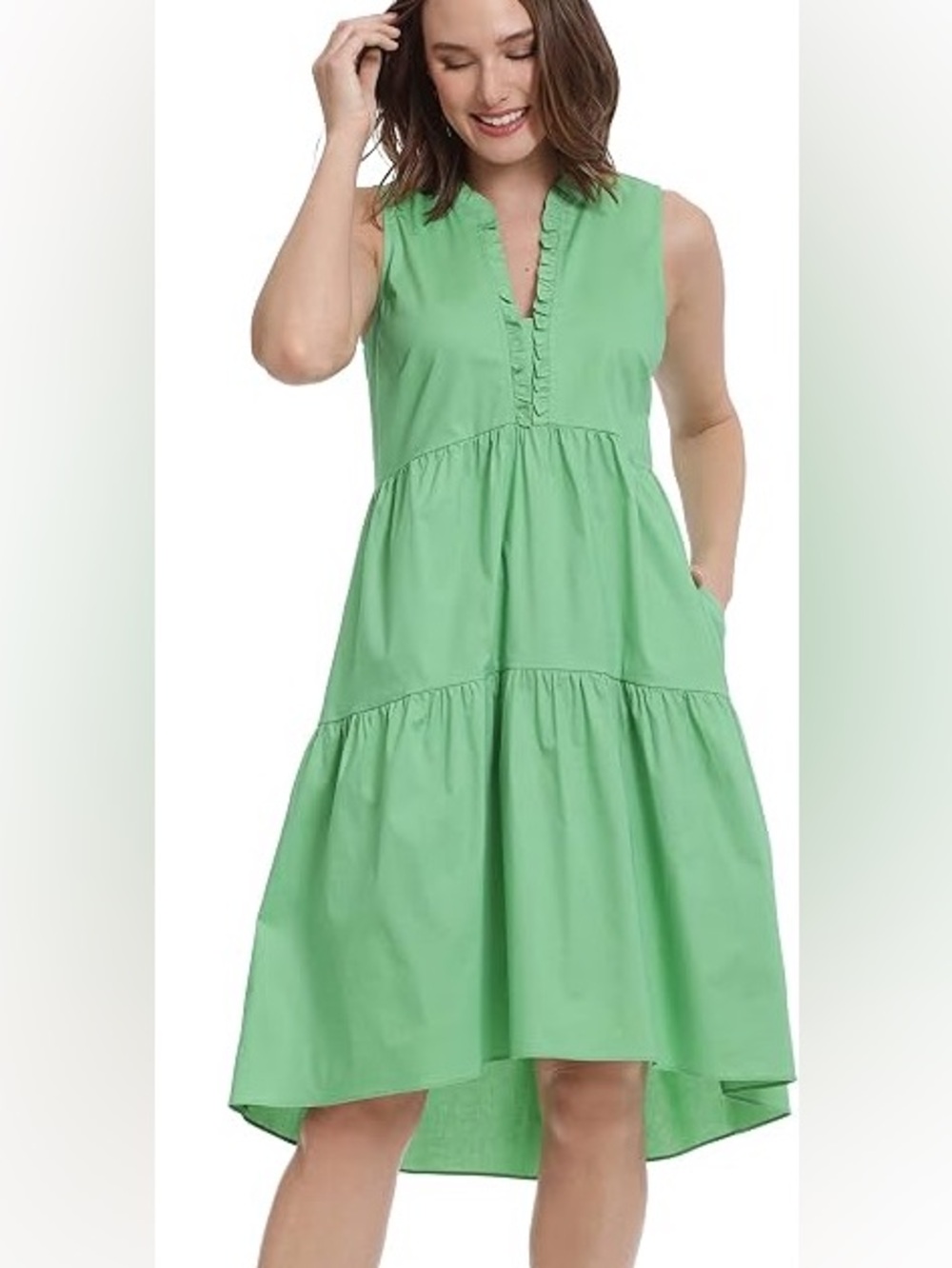 London Times Ruffle Tiered Poplin Cotton Sleeveless V-Neck Midi Dress Lime Green